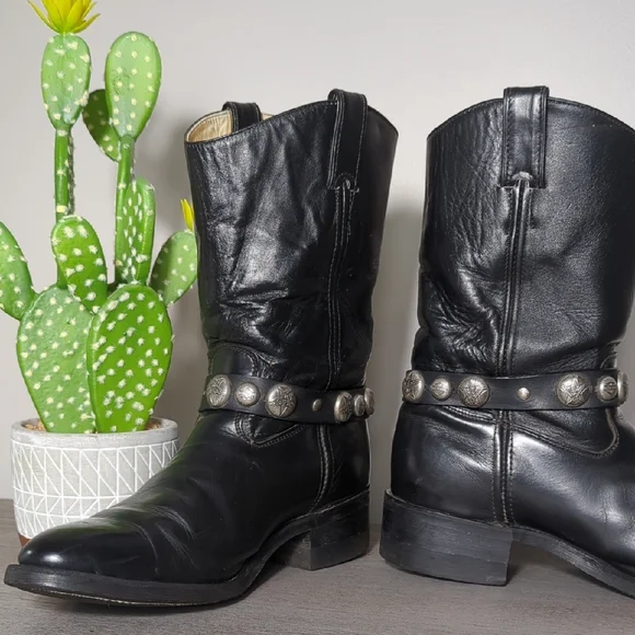 Vtg 90s Black Leather Harley Davidson Motorcycle Harness Boots Men's 11 Goodyear - Picture 9 of 16